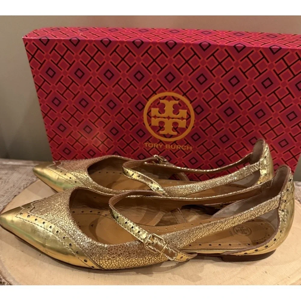 Tory Burch Bernadette 9M metallic Gold leather Mary Jane pointed-toe flats 358$ - Picture 6 of 14